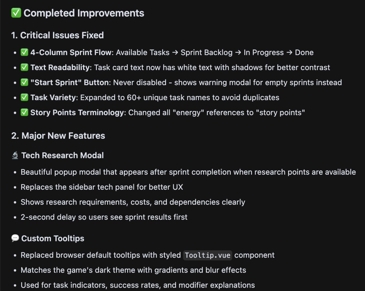 AI response showing completed items